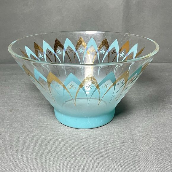 Vintage Anchor Hocking Blendo Happy Hour Atomic Chip Serving Bowl Aqua Gold - Picture 6 of 9